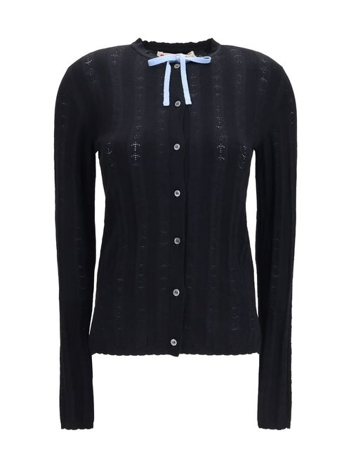 Wool and Silk with Bow Cardigan — Black