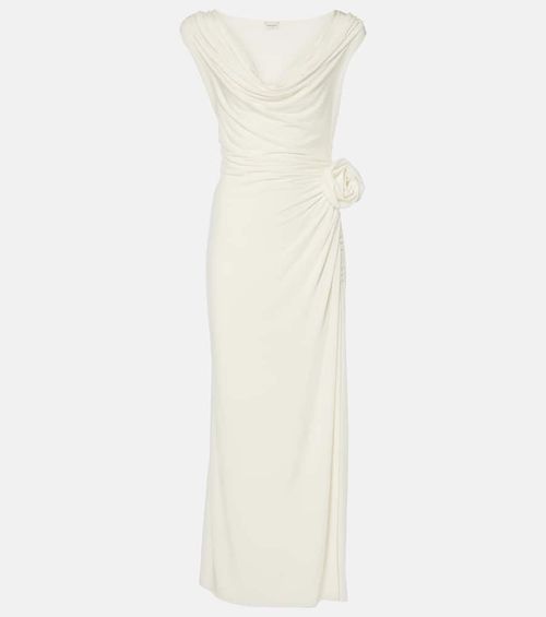 Floral-appliqué draped gown
