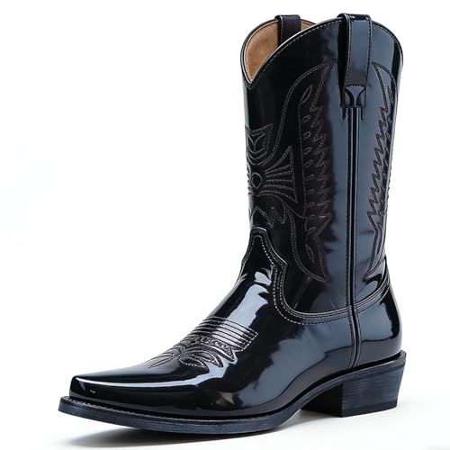 Men's Patent Leather Western Cowboy Boots - Snip Toe Mid-Calf Embroidered Riding Boots