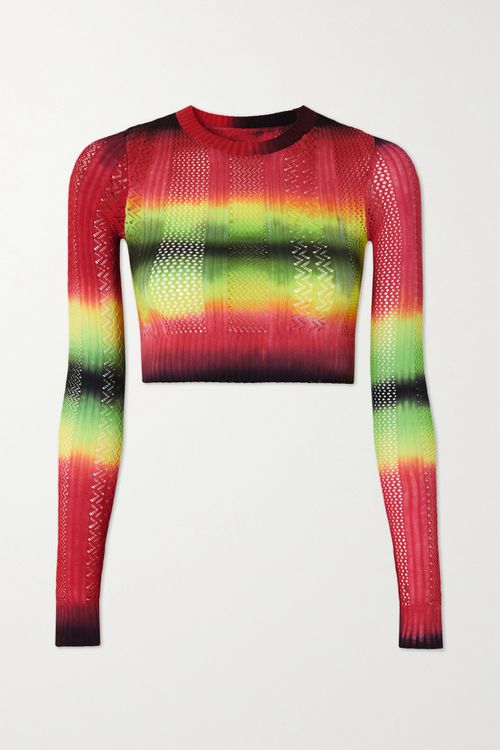Cropped Ombré Pointelle-knit Sweater - Red