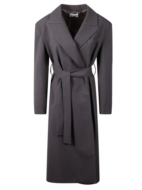 Pinstripe Belted Coat With Peak Lapels And Tailored Silhouette