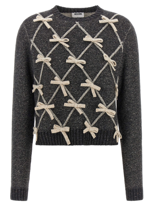 Bow-Embellished Diamond Knit Sweater — Gray