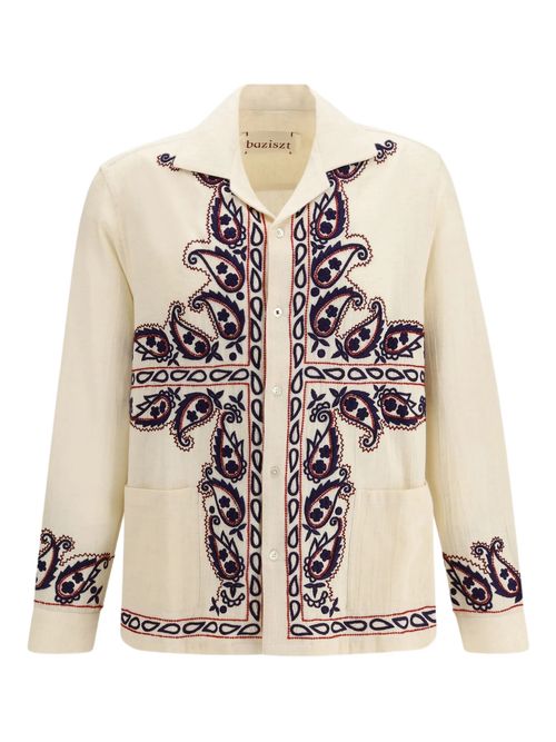 Silk Long Sleeve Button-Up Shirt with Cuban Collar