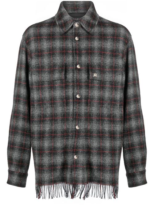 Fringed check-print shirt jacket - Grey