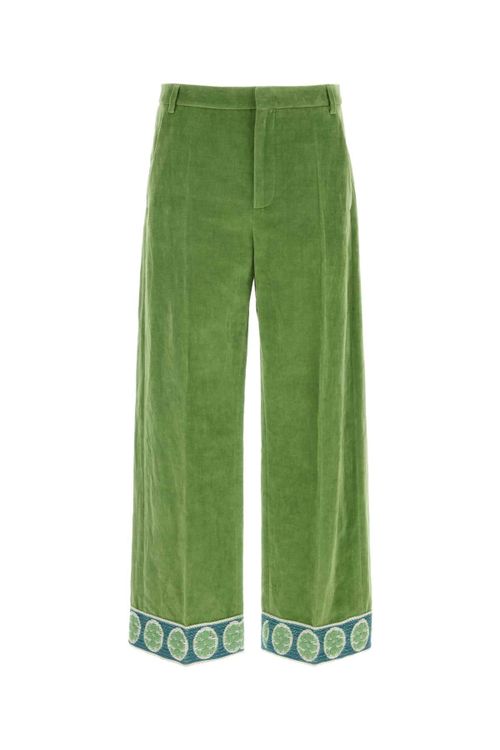 Embroidered Cotton-Linen Trousers — Green