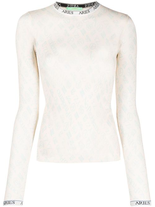 Monogram long-sleeved tulle top - Neutrals