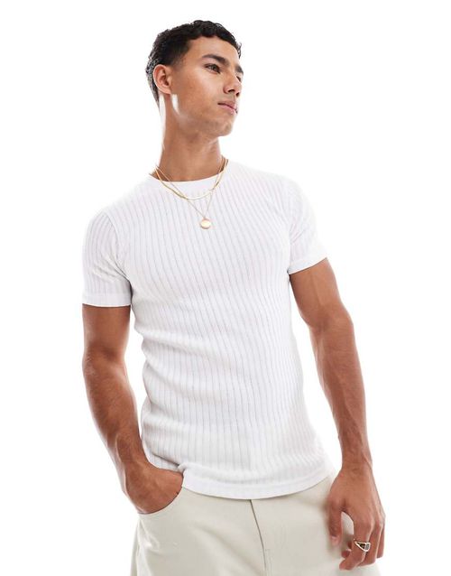 Muscle fit ribbed t-shirt in white