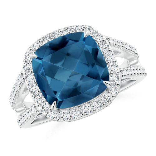 Angara 5.15 Carats Cushion London Blue Topaz Split Shank Ring with Diamond Halo in Platinum