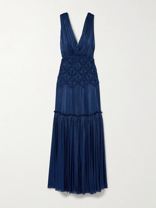 Gathered Tiered Plissé-satin Gown