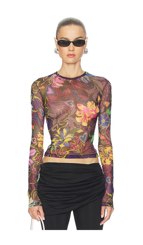 AREA Hotfix Printed Tulle Long Sleeve Top in Multi. XS also in