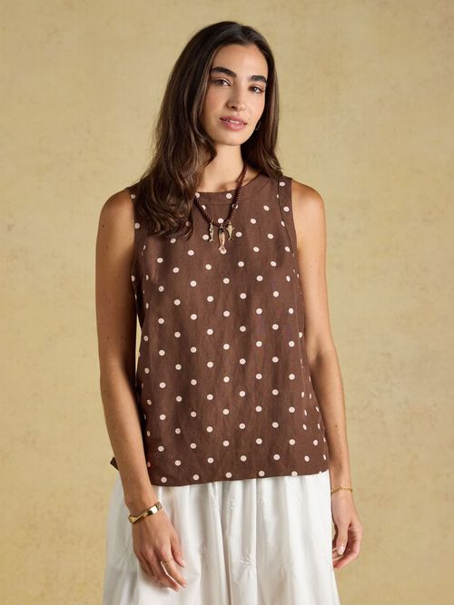 Cove Brown Spot Round Neck Sleeveless Top with Linen