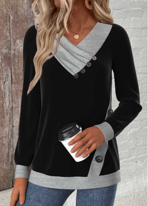 Modlily Black Button Long Sleeve V Neck Sweatshirt