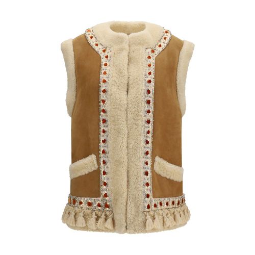 Bead & Rhinestone-Embellished Lamb Fur Vest — Beige