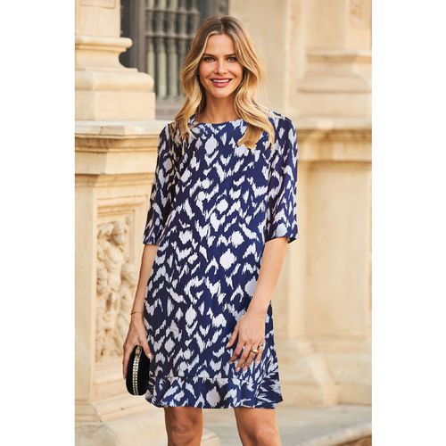 Sosandar Womens Navy Blue Abstract Print Ruffle Hem Shift Dress - Size 8 UK