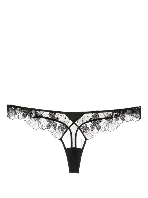 Floral-lace sheer thong - Black