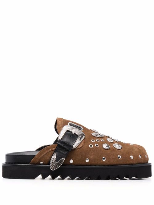 Stud-embellished buckled clogs - Brown