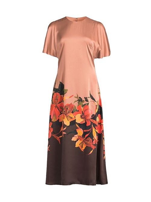 Women's Raven Floral Satin Midi-Dress - Coral Placement Floral