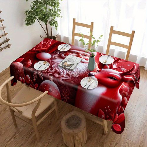 TEMU Festive Santa Claus Tablecloth - Christmas-themed Polyester Fabric, Design With Snowflakes And Reindeer, Home Dining Room Decor, Square