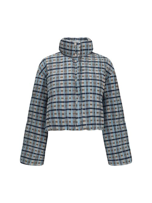 Quilted Plaid Padded Down Jacket — Blue