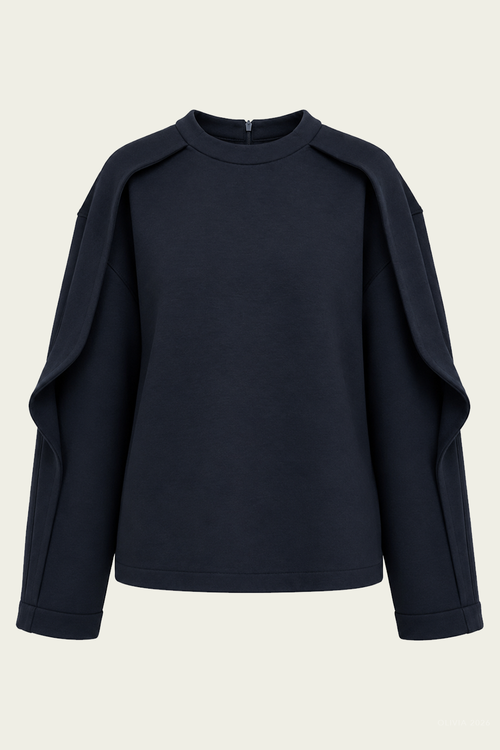 Bonded Viscose Crewneck with Folded Panel in Navy