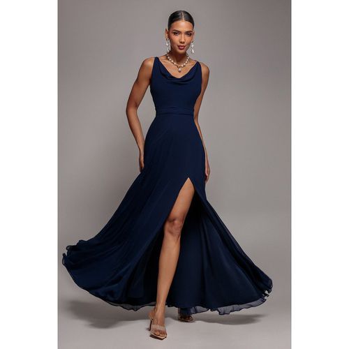 Goddiva Chiffon Cowl Twisted Rope Strap Lace-up Flared Maxi Dress - Navy Blue