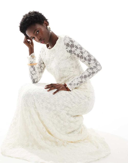 Co-ord lace long sleeve top with asymmetric hem in cream-White