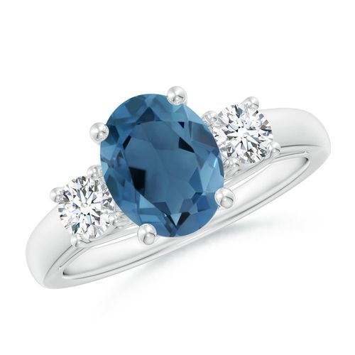 Angara 2.25 Carats Oval London Blue Topaz and Round Diamond Three Stone Ring in Silver