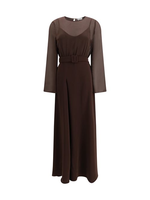 Layered Long Belted Dress — Brown