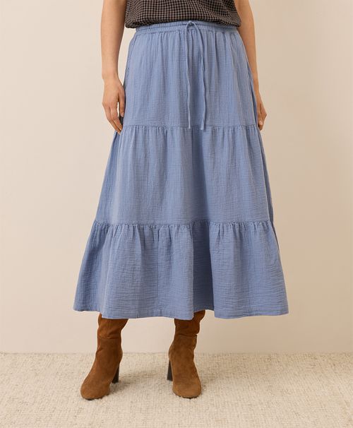 Women's Hydrangea Blue Coastal Double Gauze Tiered Maxi Skirt