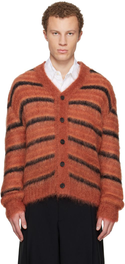 Red & Black Fuzzy Wuzzy Stripe V-Neck Cardigan