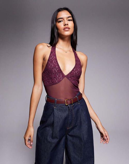 Mesh lace halter neck bodysuit in fig-Purple