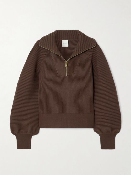 Reid Ribbed-knit Half-zip Sweater - Brown