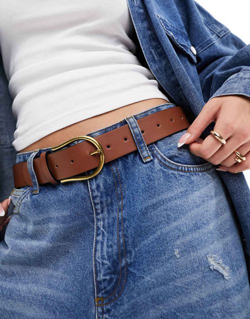ASOS DESIGN waist and hip half moon jeans belt in tan-Brown