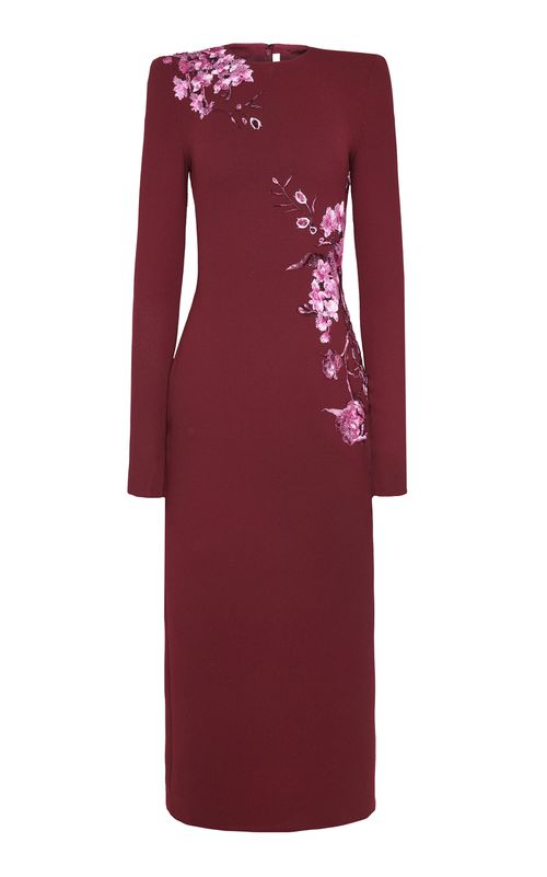 Crepe Floral Applique Long Sleeve Cocktail Dress - Moda Operandi