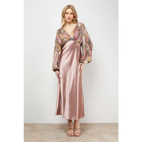 Oasis Women's Petite Printed Balloon Sleeve V Neck Satin Chiffon Mix Midaxi Dress in Flora