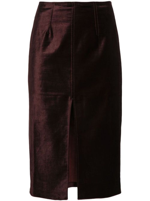 Front-slit velvet midi skirt - Brown