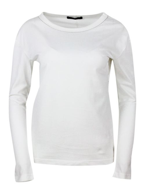 Crew-neck Long-sleeved Cotton Jersey T-shirt Embellished With Rows Of Monili On The Neck