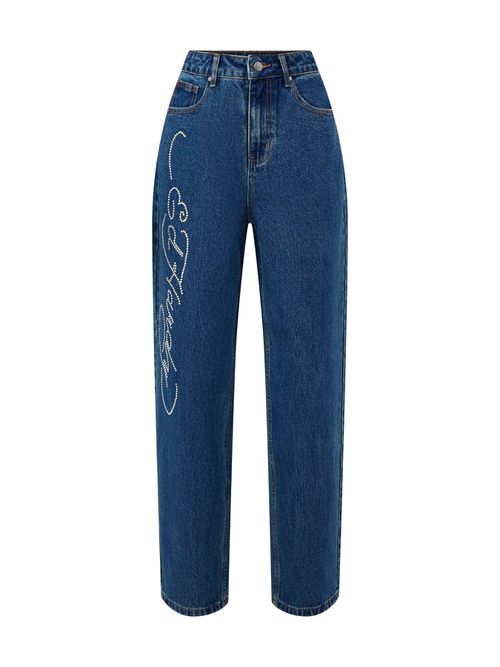 Crystal Roar Diamante Relaxed Denim Trousers Jeans in Indigo