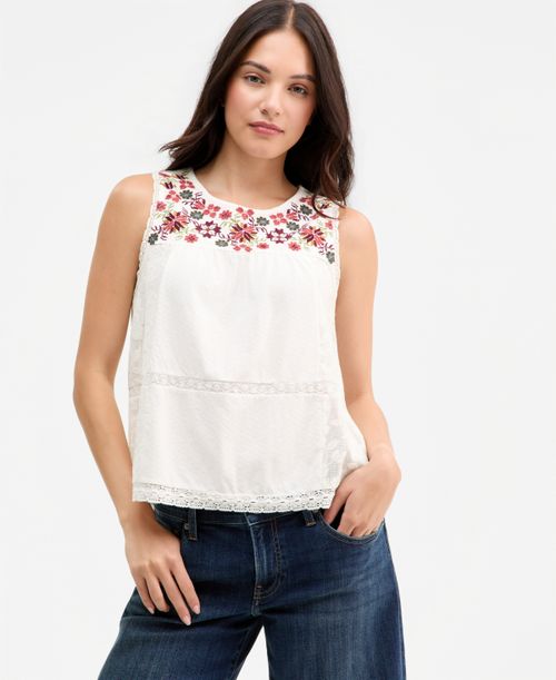Women's Embroidered-Yoke Lace-Inset Top - Cream