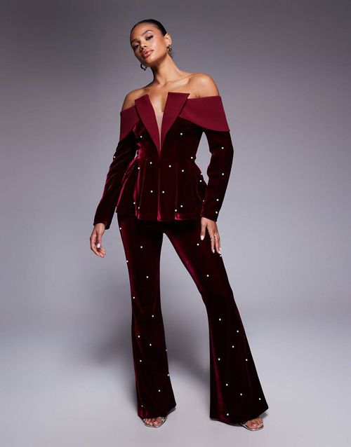 Velvet wide leg pants in berry - part of a set-Red
