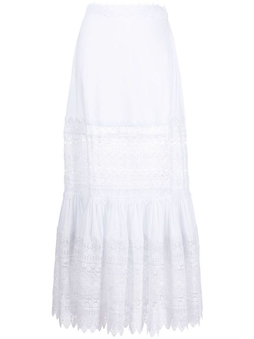 Violet lace-detail ruffled maxi skirt - White