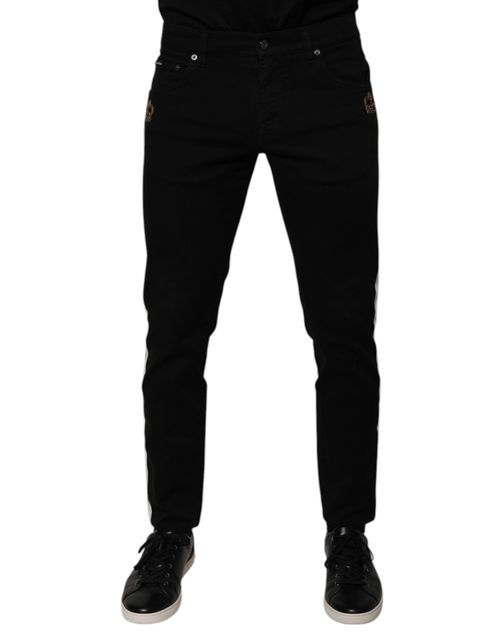 Skinny Denim with Crown Embroidery Jeans — Black