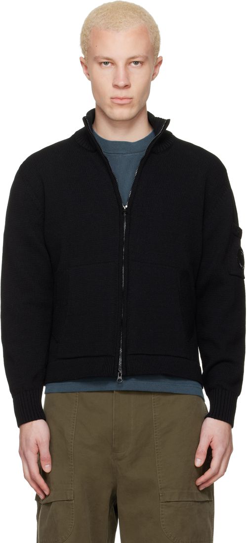 Black Compact Cotton Zipped Cardigan Sweater