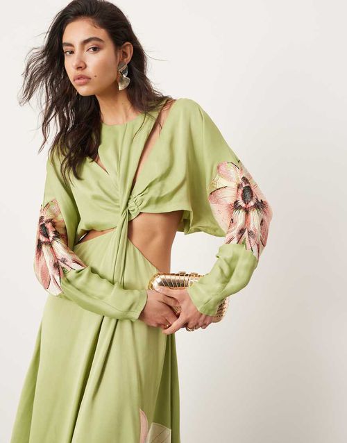 ASOS EDITION | ASOS EDITION satin petal embroidered batwing maxi dress with cut out detail in green | Realry ASOS EDITION | ASOS EDITION satin petal embroidered batwing maxi dress with cut out detail in green | Realry