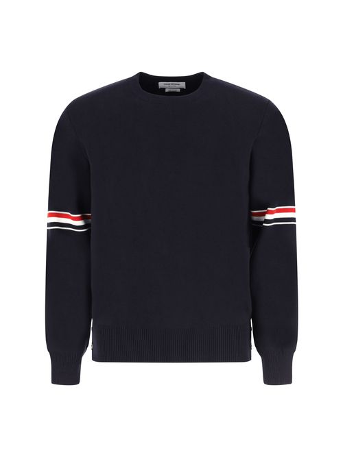 Striped-Sleeve Cotton Sweater — Navy