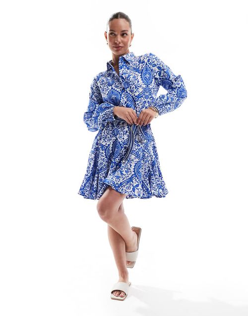 Only | ONLY dropped hem tie waist mini dress in blue tile print | Realry