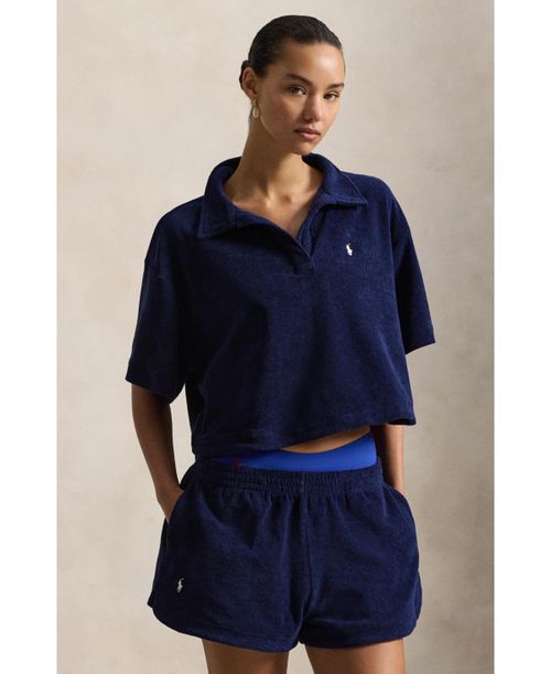 Women's Navy Blue Cotton Terry Swimsuit Cover Up Shirt and Short Set - Navy blue