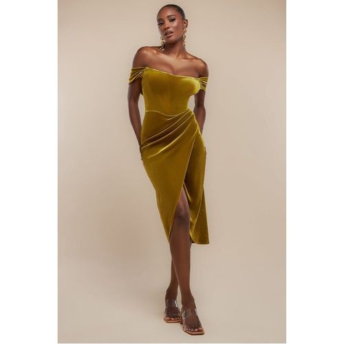 Goddiva | Goddiva Draped Shoulder Velvet Corset Midi Dress - Olive Green |  Realry