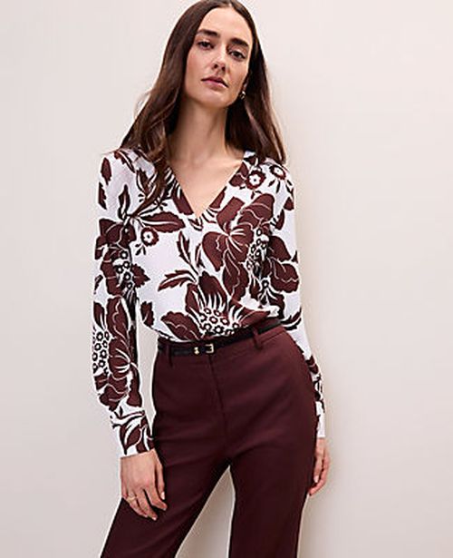 Ann Taylor Petite Floral Mixed Media Pleat Front Top