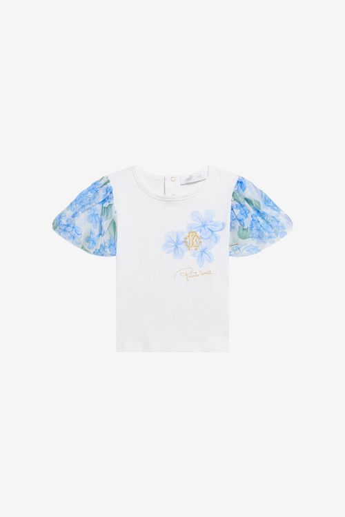 White Cotton T-shirt With Floral Sleeves